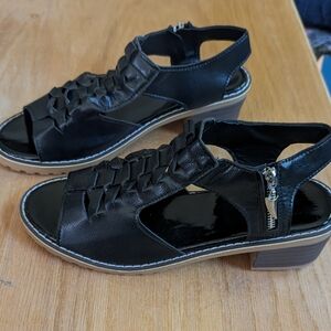 Black Leather Sandals with Woven Design